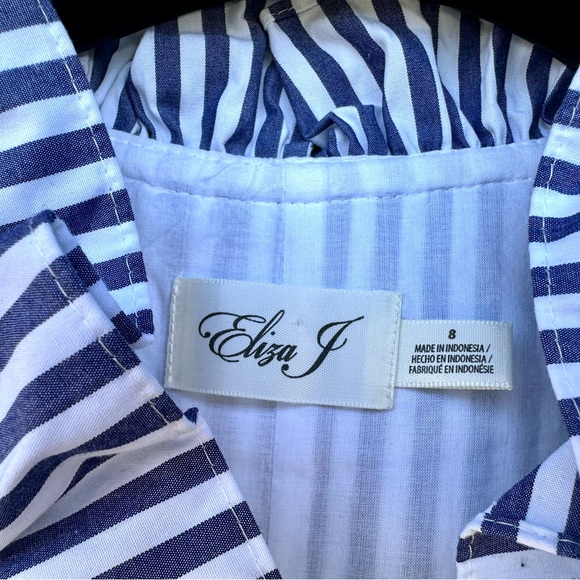NWT Eliza J Navy Striped Ruffle Neck Sleeveless Dress Fit & Flare Midi Size 8 - Picture 2 of 6